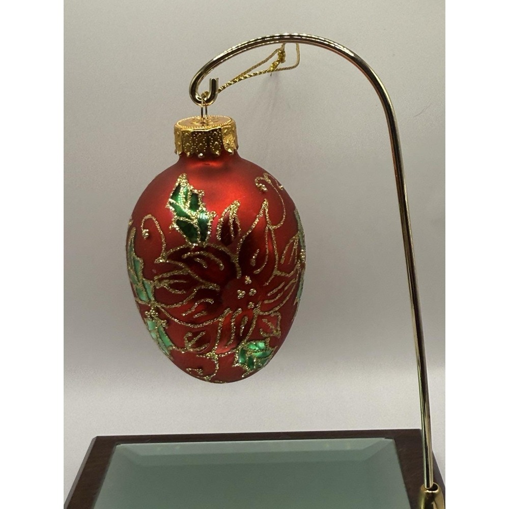 Dept‎ 56 Hand Crafted Glass Egg Ornament RED poinsettia Gold Glitter